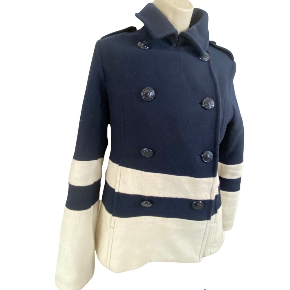 JCP Wool blend Color blocked Double breasted Blazer Anchor Metal Button Small